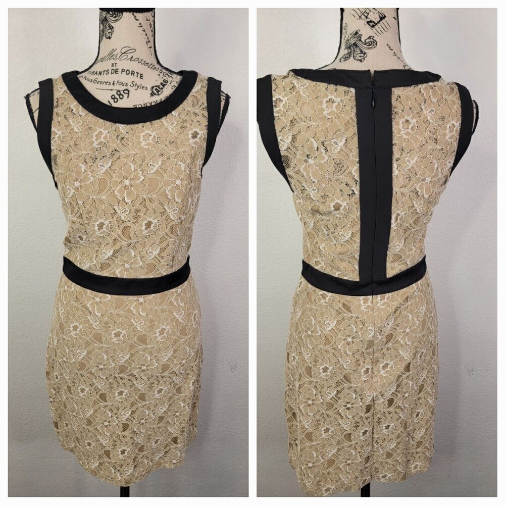 BCBGmaxazria Maddy Mini Dress SZ 2 Bodycon Lace Overlaid Beige Sleeveless